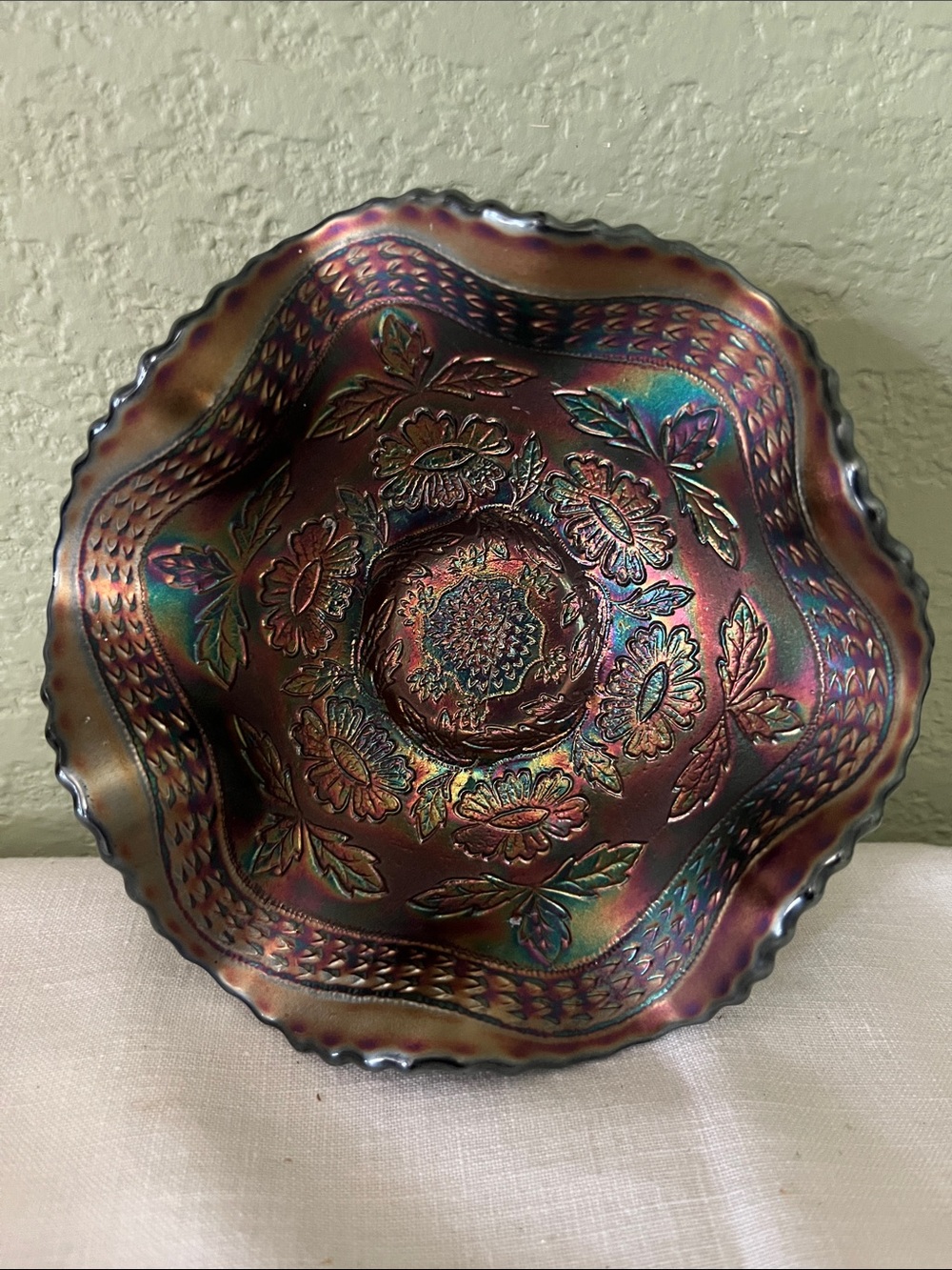 Antique Fenton Two Flowers Amethyst Carnival Glass Ruffled Footed Bowl
